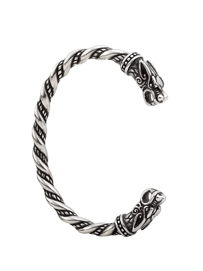 HAQUIL Silver Plated Stainless Steel Viking Arm Ring Geki and Freki Wolf Head Cuff Bracelet for Men, Viking Jewelry Gift (AD) - Image 1